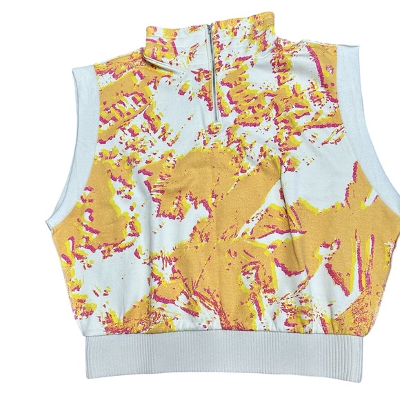 Jackets & Blazers - Abstract‎ Print Quarter Zip Sleeveless Sweatshirt Vest Orange Pink Mock Neck XS